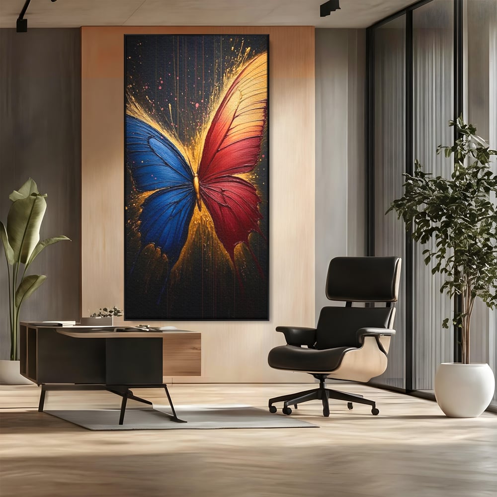 Tablou canvas cu tablou canvas cu fluture colorat, in rama de aluminiu negru, pe perete intr-un birou